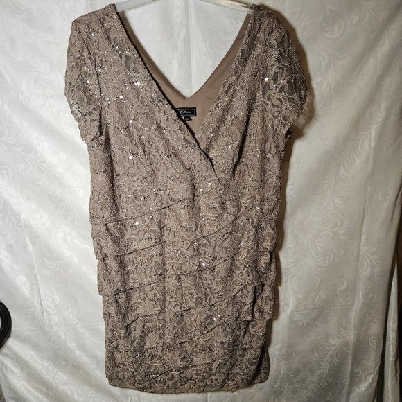 Taupe Sequin Lace Surplice Dress - Plus - Picture 2 of 4